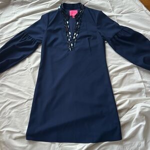 Lilly Pulitzer Blue Sheath Dress with Long Bishop Sleeves and V-Neck